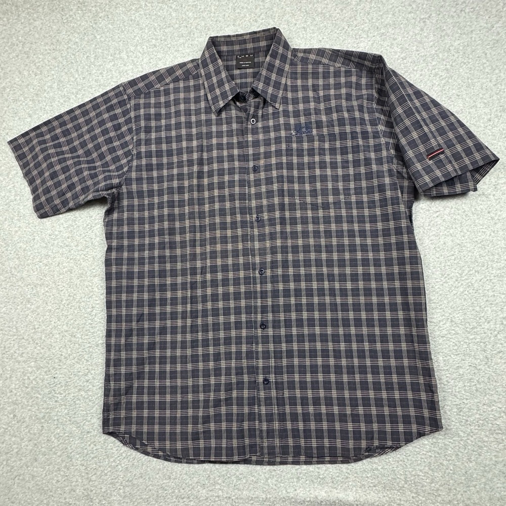 FUBU The Collection Tartan Plaid Shirt Mens 2XL Blue Button Up Embroidered Logo